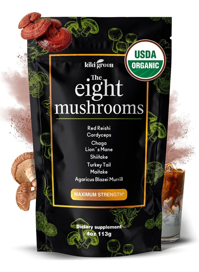 KIKI Green Mushroom Powder Extract - The 8 Mushrooms Supplement Blend for Coffee & Smoothie - Image 1
